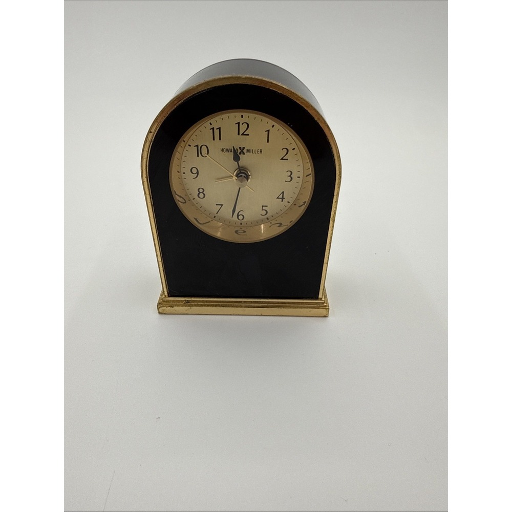Vtg 80's Howard Miller Carriage Style Brass and Black Quartz Alarm Desk Clock